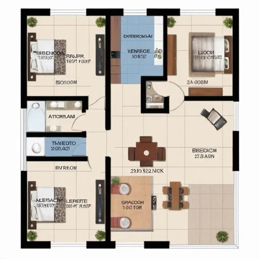 Prompt: 1200sqft East facing entrance floor plan with both side 30 Inches offset space and 2 bedrooms with one attached bathroom one common bathroom and kitchen