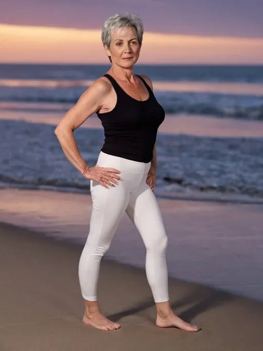 Prompt:  cinematic photo of mature woman , 50 years old, 5 foot tall, full body, head to foot, (short hair), shoot from front, at sunset on the beach, in small white leggings, thong, professional, 4k, highly detailed . 
