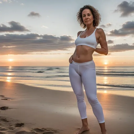 Prompt:  cinematic photo of mature woman , 50 years old, 5 foot tall, full body, head to foot, (short hair), shoot from front, at sunset on the beach, in small white leggings, thong, professional, 4k, highly detailed . 
