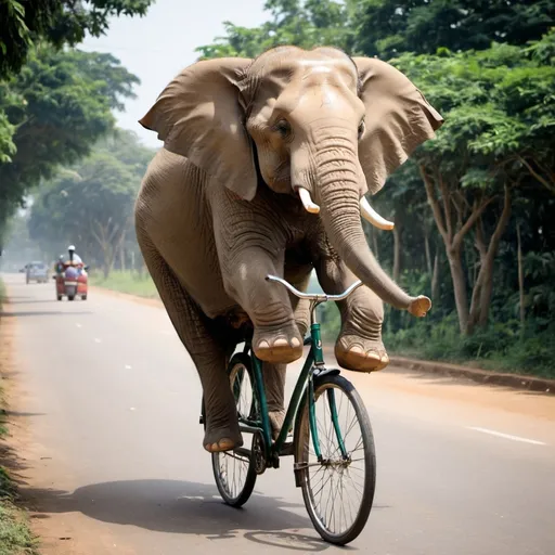 Prompt: Elephant rieding bicycle