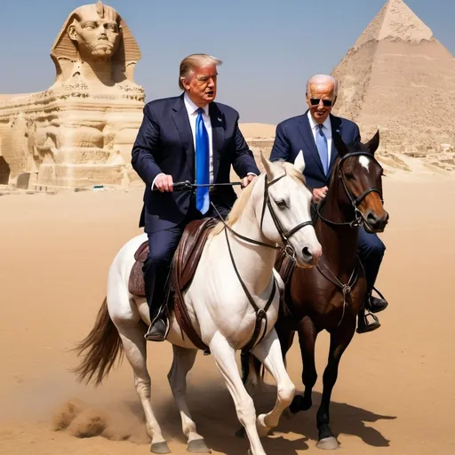 Prompt: Please draw a picture of Trump and Biden riding on horses together in Cairo Egypt, having lots of fun.