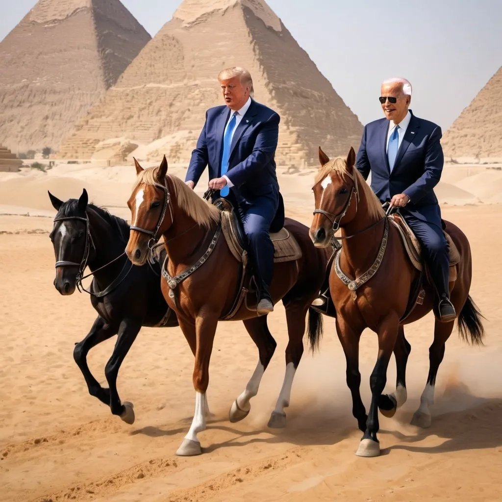 Prompt: Please draw a picture of Trump and Biden riding on horses together in Cairo Egypt, having lots of fun.