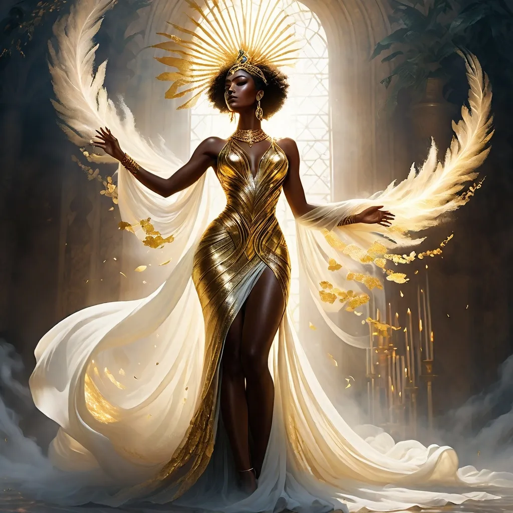 Prompt: photographic, etheral, mist, fantasy gilded goddess in long flowing, chaos, plume, billowy, mist, gold leaf florals, hyperrealistic A woman of African descent, her skin glowing against the shadows as she ascends the altar, her gown blending with the dark mist.