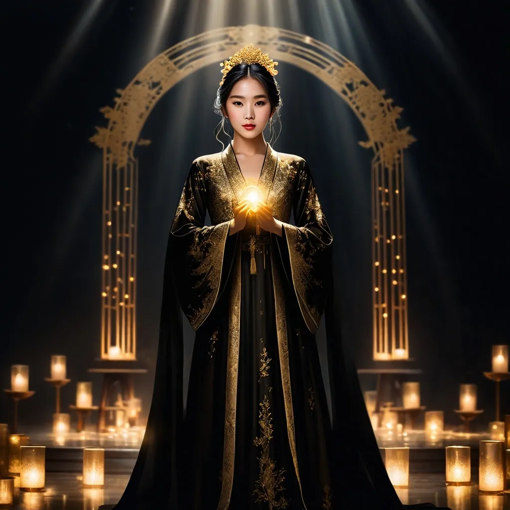 Prompt: An East Asian woman, standing at the altar with a blend of dark tones in her gown, the golden moonlight creating an ethereal glow around her.