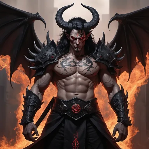 Prompt: "Astaroth, a towering and muscular demonic figure with a terrifying presence. His skin is ashen gray with dark, pulsing veins. He has large, black, bat-like wings with tattered edges and sharp tips. His face is sharp-featured, with glowing red eyes that appear like flaming embers, and long, disheveled black hair. Two curved obsidian horns protrude from his forehead, shining ominously. He wears a black, heavy armor engraved with arcane symbols and motifs of chaos and destruction, emanating a dark smoke. Around his waist is a belt made of skulls of unknown creatures. In his hand, he wields a dark sword, its blade seemingly made of pure shadow, with runes glowing in deep crimson along its edge. His expression is a blend of arrogance and malice, with a cold, piercing gaze. The aura around him is oppressive, with shadows stretching and cold creeping wherever he goes, and his movements are graceful yet powerful, as if the ground trembles beneath him."
