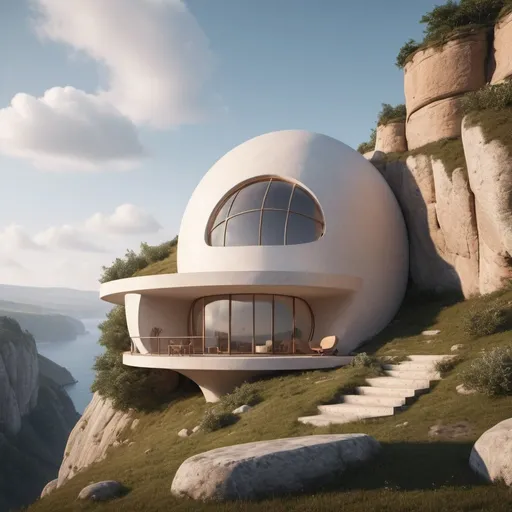 Prompt: shape artist retreats on a cliff near the pound and the top has a dome with rounded windows, in the natural environment, photo quantities 8k and 16k . also reflect the comfort, nature scape, and peace, making them minimalist 