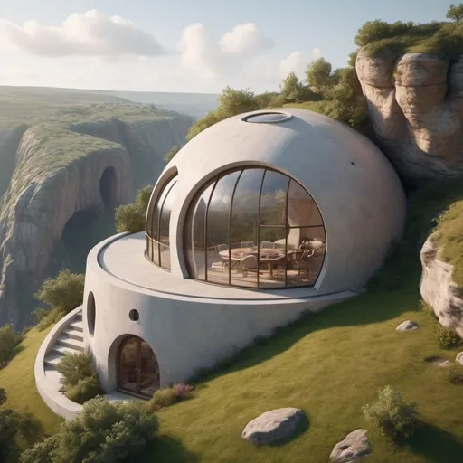 Prompt: shape artist retreats on a cliff near the pound and the top has a dome with rounded windows, in the natural environment, photo quantities 8k and 16k . also reflect the comfort, nature scape,peaceful