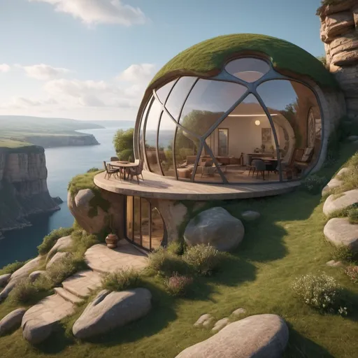 Prompt: shape artist retreats on a cliff near the pound and the top has a dome with rounded windows, in the natural environment, photo quantities 8k and 16k . also reflect the comfort, nature scape,peaceful