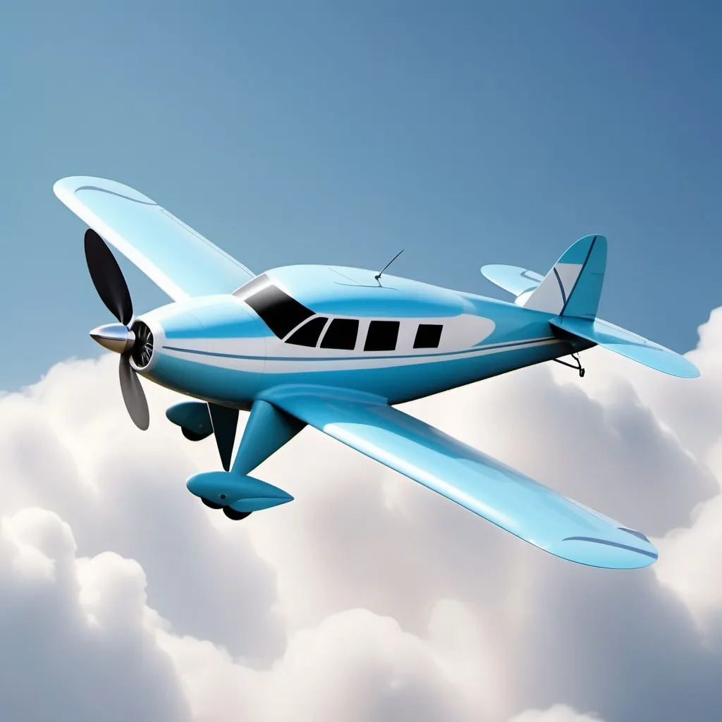 Prompt: Small air plane and one propeller slow speed and long egg shape body with three rounds windows and big size wings all in light blue colour 