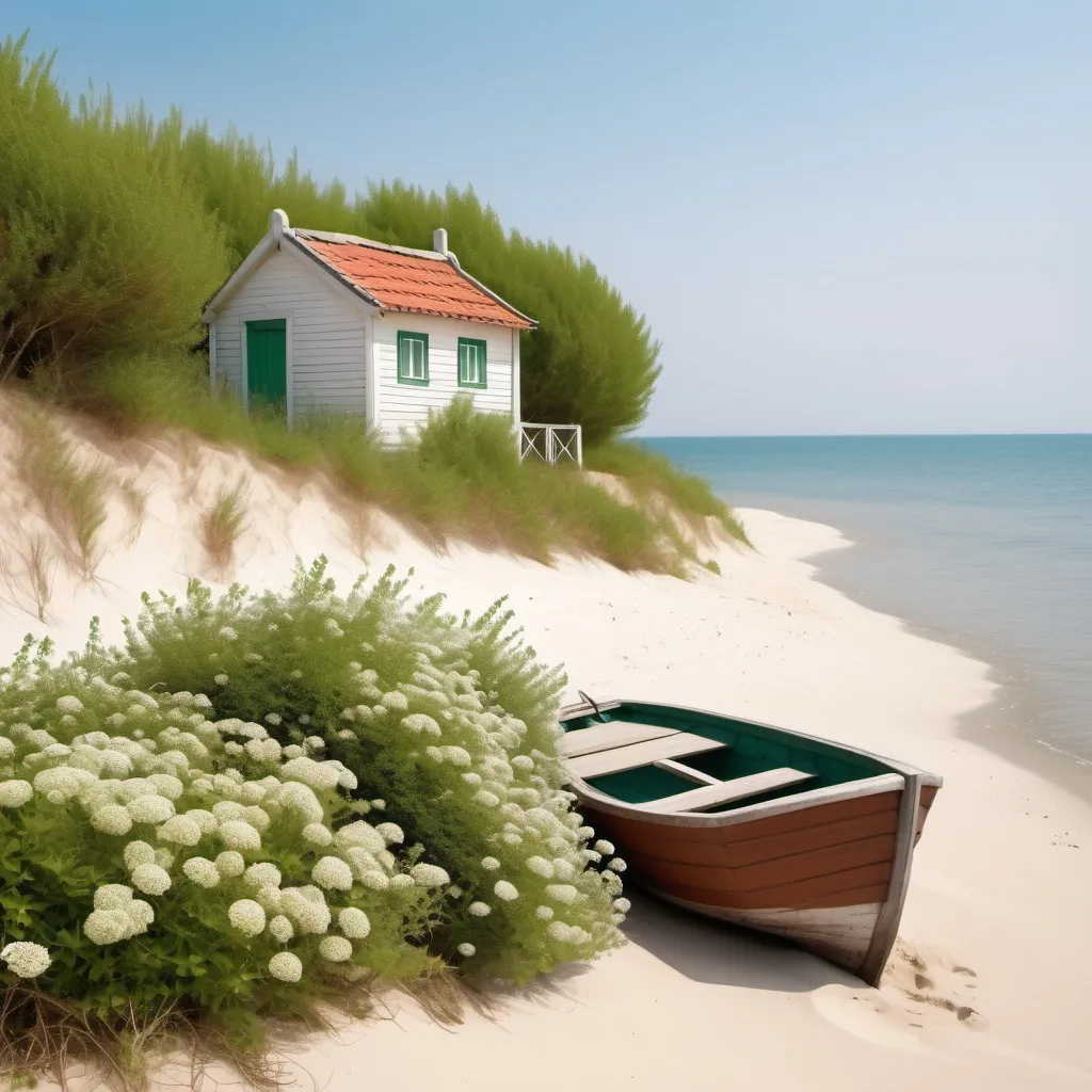 Prompt: Sandy beach near calm sea and a small house white colour old and green bush and flowers with a small wooden boat 