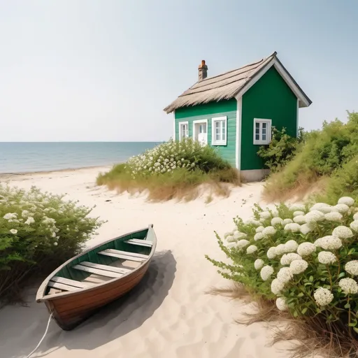 Prompt: Sandy beach near calm sea and a small house white colour old and green bush and flowers with a small wooden boat 