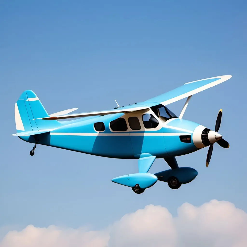 Prompt: Small air plane and one propeller slow speed and long egg shape body with three rounds windows and big size wings all in light blue colour 