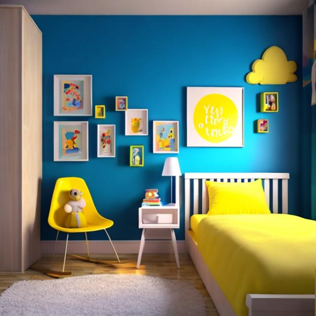 Prompt: Little girls bedroom with yellow theme, art, books, toys with retro blue hues rainbow arch on wall