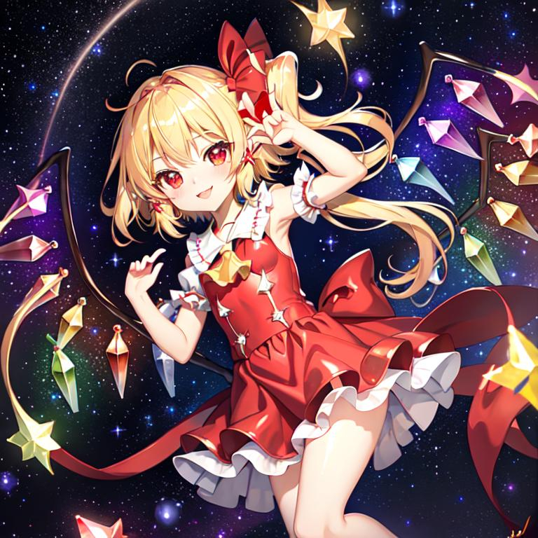 Prompt: Cute, flandre scarlet, shiny crystals, starry night