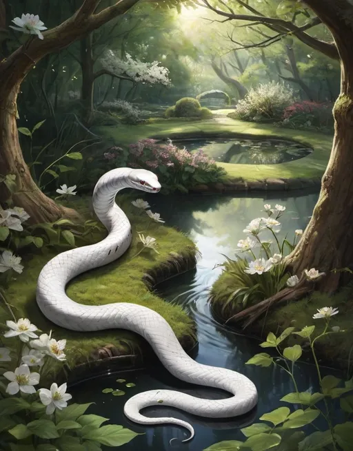 Prompt: Draw on the bottow left corner a White snake. The White snake's head is looking toward the center of the picture. In the center, there is a pond and around it a forest of hawthorn in bloom. The pond is mystical and attracts snakes around the forest while glowing. The pond is lighten by sunlight gazing through the trees. The White snake is in the first plan on the the left side. Others snakes are coming down from trees and vines around and are looking at the pond glowing.