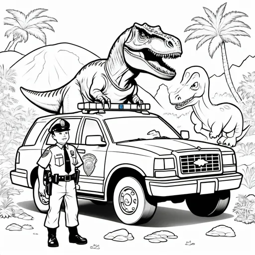 Prompt: a coloring page in black and white, for a six-year old boy, containing a dinosaur police officer and his police car