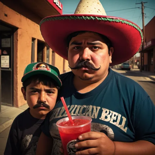 Prompt: fat  Mexican kid eating taco bell and  with a Mexican hat on and a mustache  drinking Kool-Aid, standing with a cartel  member, intense and powerful gaze, urban street setting, warm and gritty color tones, dramatic lighting, detailed facial features, realist painting style, emotional depth, high quality, detailed eyes, textured brushwork, realistic, urban, intense gaze, dramatic lighting, warm tones