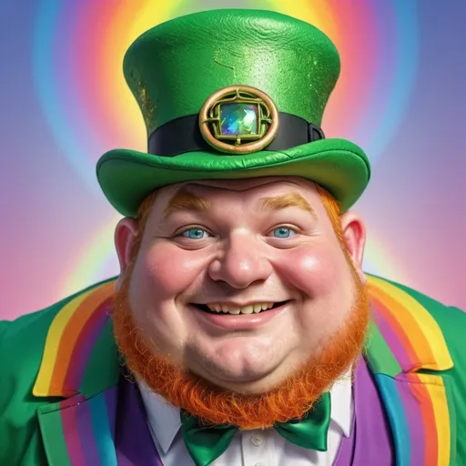Prompt: fat leprechaun man in a reveling swimsouit,with vibrant digital illustration, magical rainbow background, detailed facial features, high quality, fantasy, vibrant colors, whimsical, playful, detailed eyes, professional, atmospheric lighting