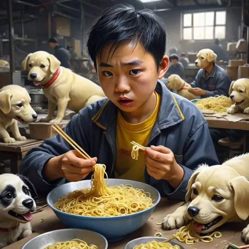 Prompt: Young Chinese factory worker eating noodles, making toys, small eyes with yellow skin, eating a dog, realistic digital painting, busy and chaotic environment, detailed expression, industrial setting, high quality, realistic, detailed, industrial, Chinese worker, noodle eating, small eyes, yellow skin, toy making, busy environment, chaotic, intense lighting