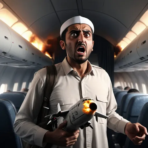 Prompt: A suspicious arab man, with an explosive device,he is a tearist. panic-stricken people, crashing plane, intense fear, chaotic scene, realistic 3D rendering, high quality, thriller, dramatic lighting, dark tones, explosive situation, terrified passengers, ominous atmosphere