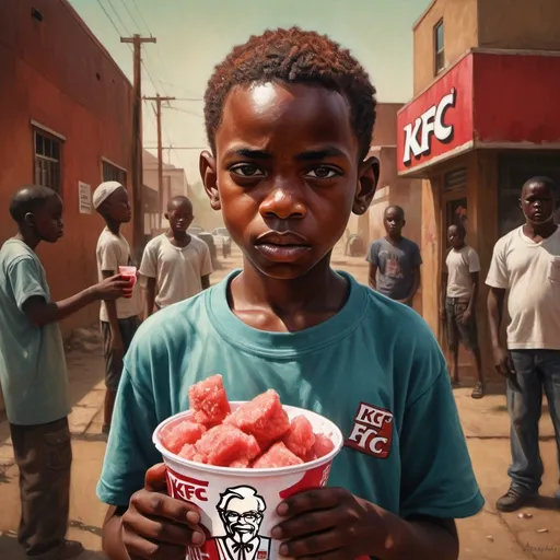 Prompt: Staving African kid eating KFC and watermelon, drinking Kool-Aid, standing with a gang member, intense and powerful gaze, urban street setting, warm and gritty color tones, dramatic lighting, detailed facial features, realist painting style, emotional depth, high quality, detailed eyes, textured brushwork, realistic, urban, intense gaze, dramatic lighting, warm tones