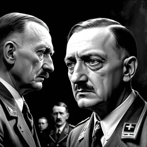 Prompt: Holocaust victim facing Hitler, sketch art, somber mood,Hitlerstic, highres, detailed faces, black and white, dramatic lighting, emotional expressions, historical, intense moment, emotional, sketch art, poignant, sorrowful atmosphere