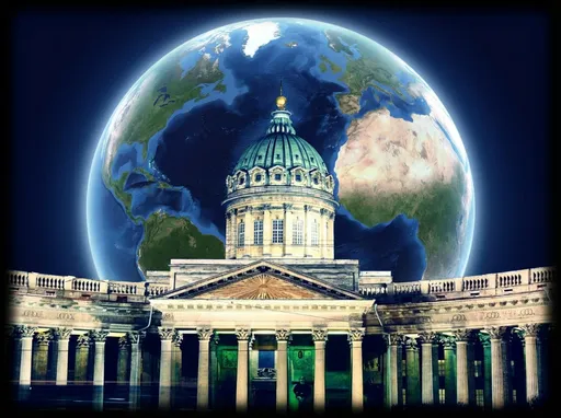 Prompt: Combine these two images so that the building is in the foreground and the earth is rising behind it like a giant moon.  