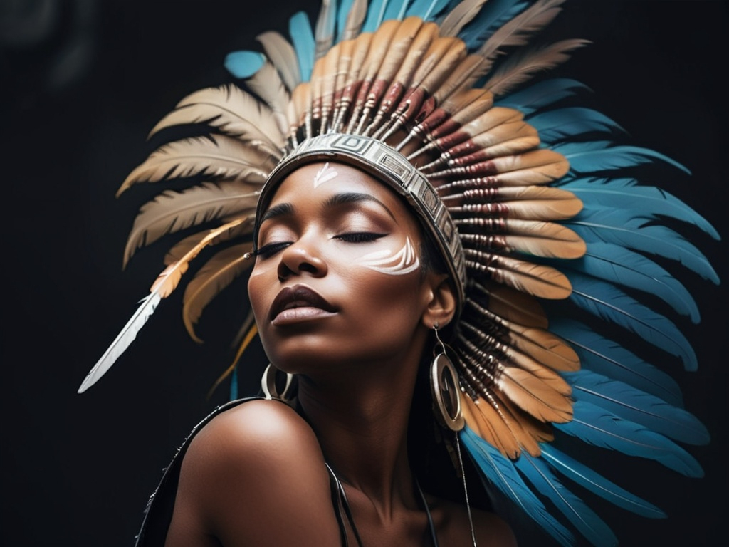 Prompt: a woman with a headdress and feathers on her head is looking up at the sky and has her eyes closed, Ella Guru, afrofuturism, fashion photography, a tattoo