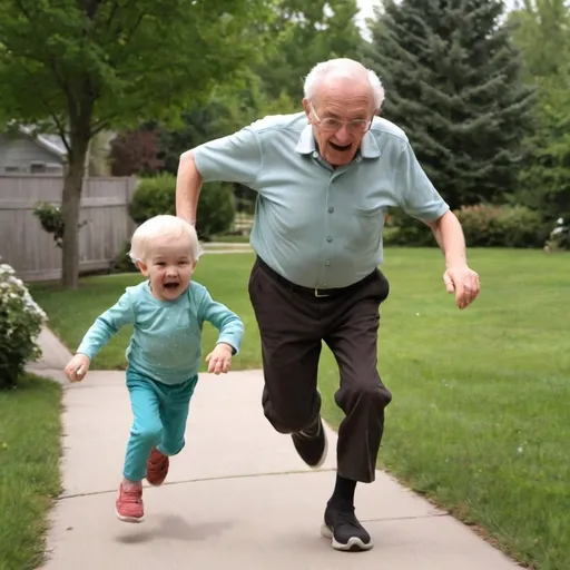 Prompt: grandpa running from grandma then he falls

