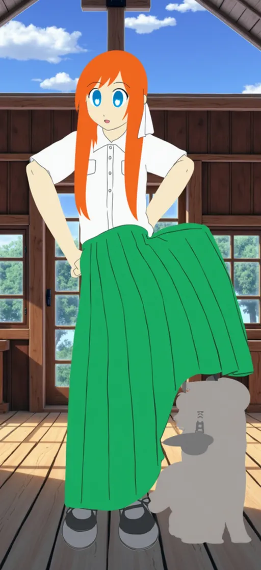 Prompt: A long-straight orange-haired blue-eyed anime school girl who is wearing a long green pleated school girl skirt and a short-sleeved buttoned white shirt. She is wearing a pair of black shoes. She is inside a wooden house.