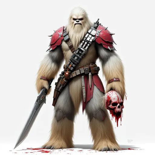 Prompt: A formidable Wookiee stands confrontationally, showcasing a powerful presence with its imposing, furry white body and fierce expression. Clad in a combination of red armor and belts laden with various weapons, this character wields a futuristic broadsword in one hand and a severed head in the other, adding to its menacing aura. The stark white background accentuates the vivid colors of its attire and weapons, creating a striking visual contrast. The lighting emphasizes the textures of the fur, highlighting the character's chaotic and intimidating nature. This scene evokes a sense of tension and danger, suggesting a narrative of conflict and survival in a fantastical realm.