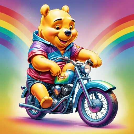 Prompt: Rainbow biker illustration of Winnie the Pooh, vibrant colors, whimsical and dynamic pose, detailed fur with iridescent reflections, jovial expression, high-quality, cartoon, rainbow colors, vibrant lighting