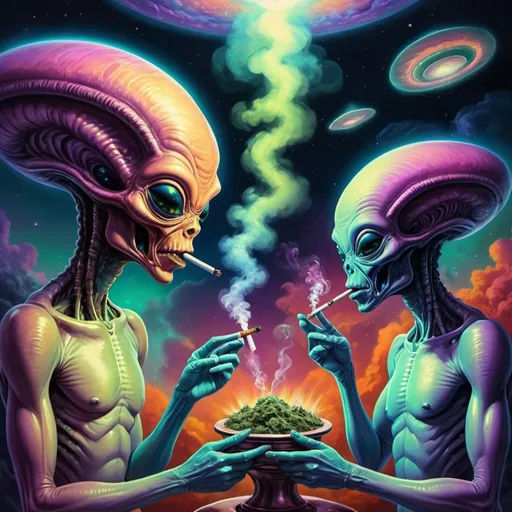 Prompt: Aliens smoking weed in UFOs, colorful cosmic smoke, vibrant alien skin tones, psychedelic, surreal, high quality, digital art, vibrant colors, atmospheric lighting, surrealistic, vibrant atmosphere, trippy visuals, cosmic, otherworldly, detailed digital painting
