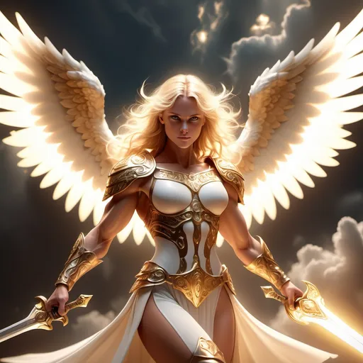 Prompt: (buff blonde angel), muscular physique, wielding a shining sword and a glossy shield, (bright gold glowing eyes), radiant aura emanates, fluffy wings spread wide, ethereal atmosphere, warm golden tones, heavenly backdrop with soft clouds, dynamic pose in an action stance, (ultra-detailed), (4K), dramatic lighting, evocative and divine ambiance.