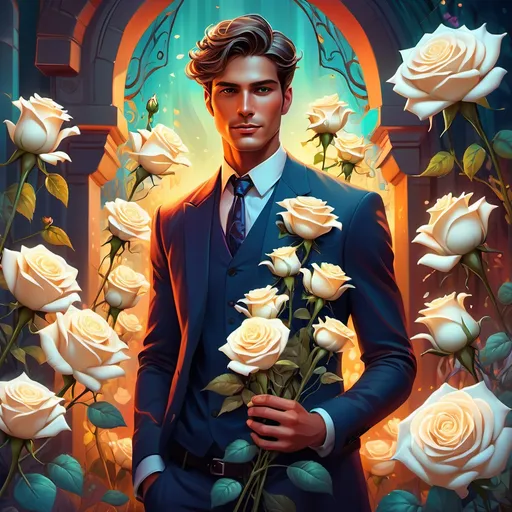 Prompt: (tall handsome man), (fantasy style), (emerging from the ground), holding white roses, vibrant color scheme, enchanting atmosphere, surreal elements, blooming flora around, bright colors intertwining, dynamic and lively background, mystical vibes, warm and inviting ambiance, high detail, ultra-detailed, captivating and imaginative scene.