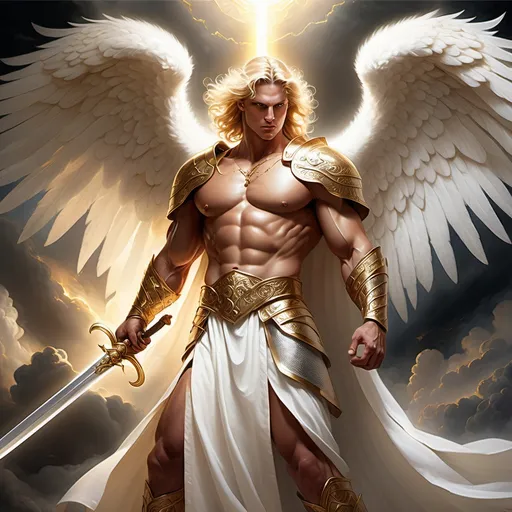 Prompt: buff male angel, (blonde), (bright gold glowing eyes), wielding a sword and shield, wearing chain mail and a white robe with gold lining, dramatic lighting, ethereal aura, heavenly atmosphere, radiant background with soft clouds, ultra-detailed, showcasing strength and divinity, emphasizing bright colors and vivid contrasts, majestic presence, powerful stance.