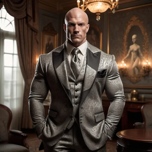 Prompt: (tall bodybuilder) in a (elegantly tailored Victorian suit), striking pose, (bald) head with (grey skintone), intricate patterns in the suit, set against a (richly decorated, vintage-style room), (soft lighting) creates an atmospheric and (dramatic mood), highlighting muscular physique, (ultra-detailed), showcasing (high-quality textures) and (artistry in fabric), an engaging and captivating composition.