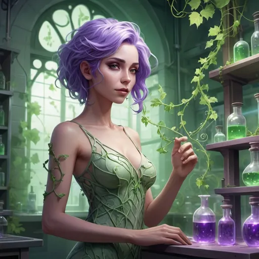 Prompt: Fantasy RPG-style illustration of a beautiful woman, light green skin, delicate vine-like purple hair, petite figure standing in a laboratory background, game-rpg, fantasy, detailed vines, ethereal lighting, mystical aura, enchanting environment, highres, magical, laboratory setting, intricate details, professional fantasy illustration