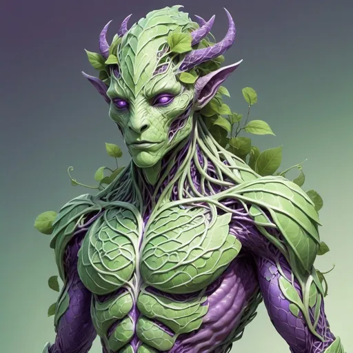 Prompt: Fantasy RPG game style illustration of a humanoid creature, light green-toned scales covering the body, intricate thin purple vines entwined on the head, soft and touchable appearance, high detail, game-rpg style, fantasy, humanoid creature, light green, intricate vines, soft texture, detailed scales, fantasy RPG, high quality, detailed illustration