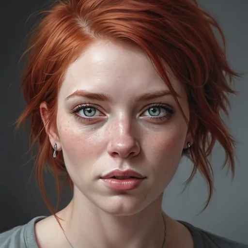Prompt: Realistic portrait with white skin, red hair, piercing grey eyes, high-resolution, realistic style, detailed facial features, cool color tones, natural lighting