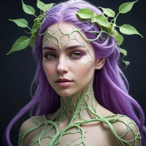 Prompt: Beautiful woman with light green skin, head covered in delicate purple vines, soft to the touch, laboratory background, game-rpg style, detailed vines, fantasy, soft lighting, high quality, intricate details