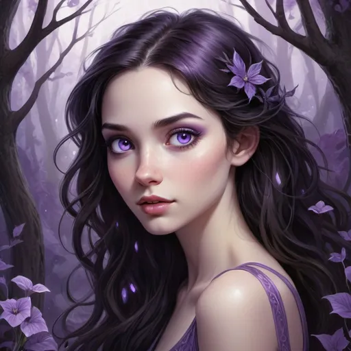 Prompt: Fantasy illustration of a slender and charming character with fair skin, dark hair, and violet eyes, whimsical and magical setting, detailed facial features, high quality, fantasy style, fairytale, slender, charming, dark hair, violet eyes, fair skin, magical, whimsical, detailed facial features, high quality