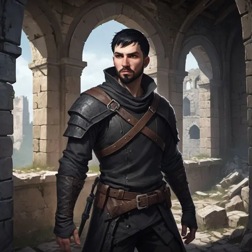 Prompt: Game RPG style illustration of a man with short black hair, small beard, modern assassin outfit, in a ruined castle, highres, detailed, fantasy, game-rpg, medieval, atmospheric lighting, detailed character design, urban fantasy, ancient ruins, professional