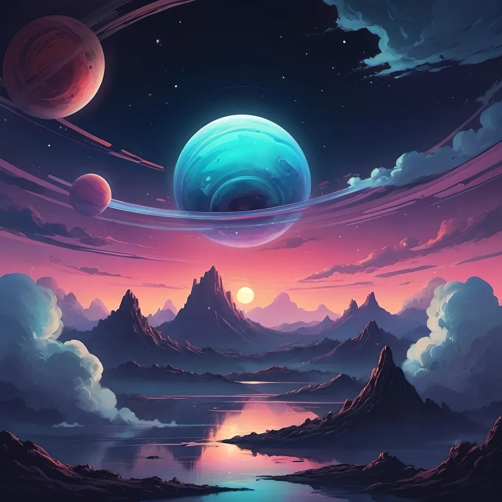 Prompt: create an abstract art piece conveying a late night and a view of a one ringed planet through the clouds in the style of lofi cover art