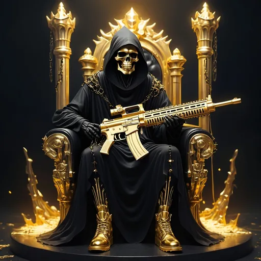 Prompt: a grim reaper holding a machine gun. element darkness. posithing sitting on a throne. throne is golden color. glowing effect from throne is gold black. gun colour is golden. boot shoe color is gold black