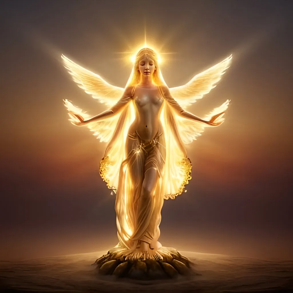 Prompt: height of summer Goddess, sunbaked ethereal body, celestial robes flowing, glowing white golden halo, mythical deity, otherworldly presence, high quality, ethereal, celestial, mystical, detailed design, warm tones, summertime glowing, atmospheric lighting