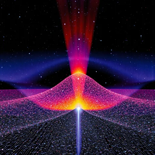 Prompt: Erupting volcano within the cosmos envisioned by spectrums on acid spectrums and mounds loop the loop multi coloured planets and mountains radar waves as if musically envisioned patination celestial radio waves psychedelic colour spectrum, smaller erupting volcano and planets surrounding rich vibrant colours neon glittery shiny glossy cosmic boom celestial dance vortex of sound waves pulsing over the landscape emits a radiant wave of bright particles. The landscape, rendered in intricate 3D detail, exudes technological sophistication, A spectrum of colors dances across the data visualization, with dots interconnected by delicate lines, volcanoes erupt with energy visible thanks to 3D sophistication technology 