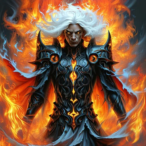 Prompt: A striking fire elemental champion with flowing crimson hair that flickers like flames and piercing amber eyes that glow with an inner fire. His pose is commanding and fierce, exuding an aura of both power and intensity, as if he is the very embodiment of a blazing inferno. Fiery orange and gold highlights illuminate his figure, casting a radiant glow that contrasts with the chaotic brilliance of swirling flames and crackling embers surrounding him. He conjures fire with his outstretched hands, sending forth brilliant fireballs and streams of molten energy that dance and twist in the air, showcasing his mastery over fire magic.


The background features a sleek, dark obsidian surface, isolating him and accentuating the tumultuous energy of the flames, making him the focal point of this dramatic scene. Focus on capturing the intricate textures of the flames, the dynamic details of his fiery attire, and the palpable motion that conveys his immense power and the casting of his unparalleled fire magic. The artwork should be rendered in ultra-high detail and resolution, celebrating the duality of beauty and strength that defines this fire champion. Full arm tattoos of intricate flame designs wrap around his arms, further emphasizing his connection to the elemental forces he commands.



