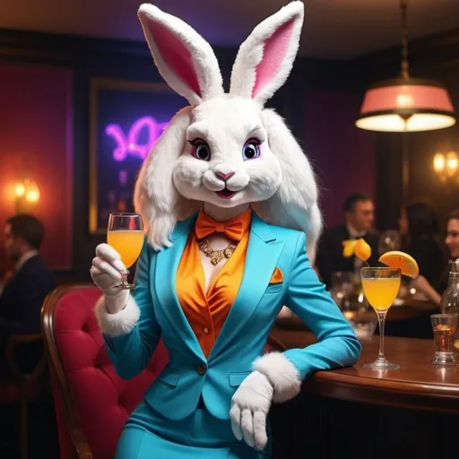 Prompt: Female humanoid Easter bunny, elegant evening attire, upscale club setting, elaborate neon bright accessories, high quality, detailed fur texture, anthropomorphic character, casual drinking, classy, sophisticated, festive atmosphere