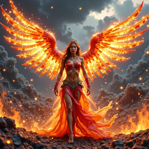 Prompt: In a breathtaking tableau, the fire phoenix female warrior stands as a formidable sentinel of justice, her magnificent wings unfurled in a grand display that captures the very essence of elemental power. Each feather glimmers with vibrant hues of crimson and gold, reflecting a fierce light that seems to pulse with the heartbeat of the blazing sun.


Surrounding her is an aura of vengeance, a shimmering halo of flames that crackles with energy, illuminating the darkness that encroaches from the stormy skies above. The clouds churn ominously, their deep grays and blacks contrasting sharply with the radiant fire that breaks through, casting a surreal glow upon the scene. This interplay of light and shadow creates a captivating visual narrative, evoking a sense of impending reckoning.


The warrior's expression is one of fierce determination, her eyes ablaze with a righteous fire that speaks of unwavering resolve. Every muscle in her poised stance conveys strength and purpose, as if she is ready to unleash the full force of her fiery wrath upon those who have wronged the innocent.


The atmosphere is thick with intensity, each detail rendered in stunning 4K ultra-definition, allowing viewers to immerse themselves in the cinematic grandeur of the moment. The air crackles with anticipation, as the fire phoenix female warrior stands as a beacon of hope and a harbinger of justice, ready to reclaim the balance between light and dark. This is not just a figure of vengeance; she is a symbol of the indomitable spirit that rises from the ashes, inspiring awe and reverence in all who behold her.





